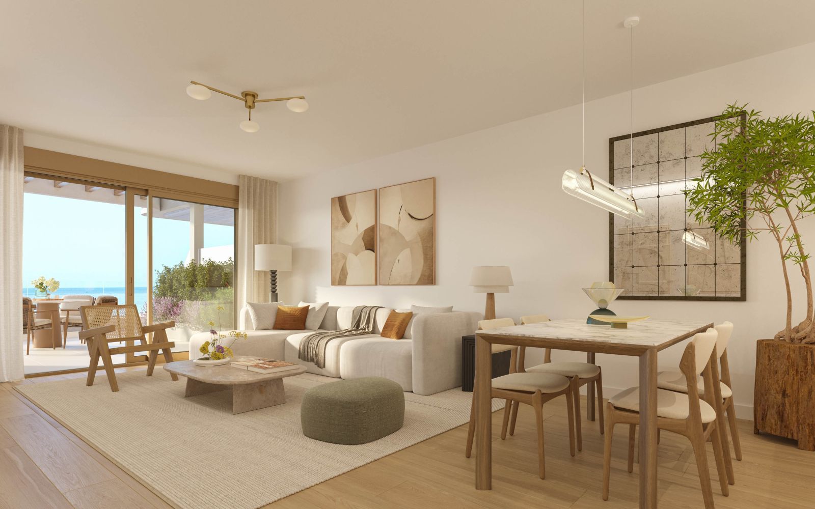 Moderne woon- en eetkamer met uitzicht op zee.