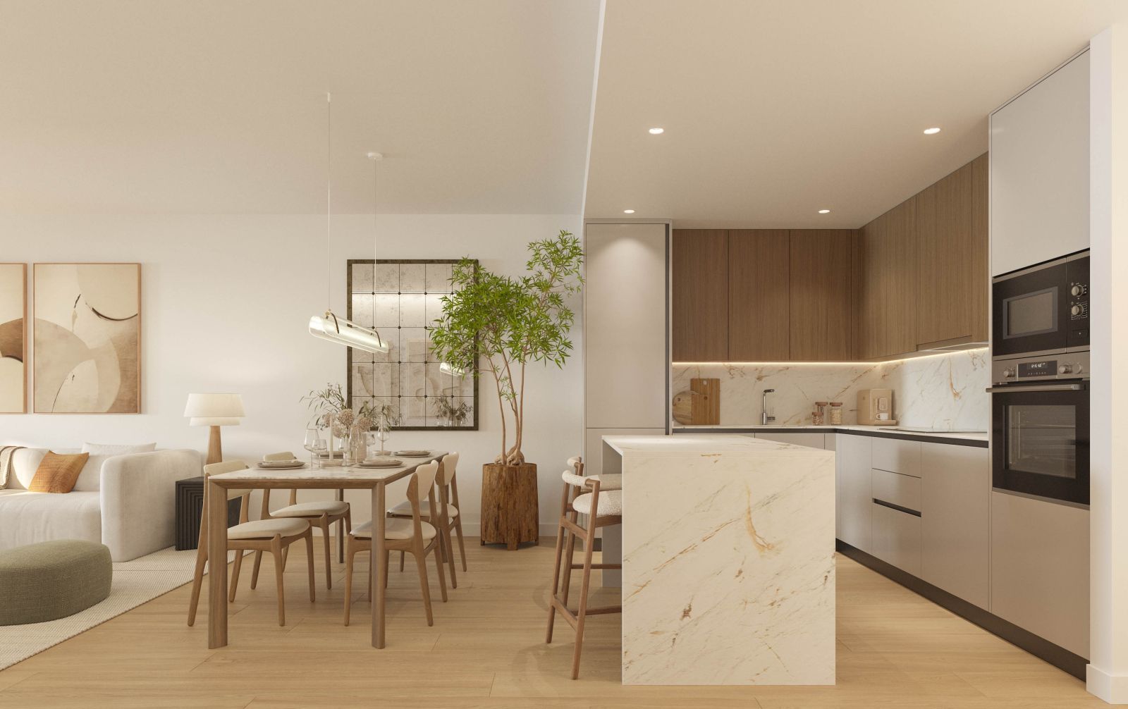 Moderne appartement keuken en eethoek met houten vloeren en eettafel.